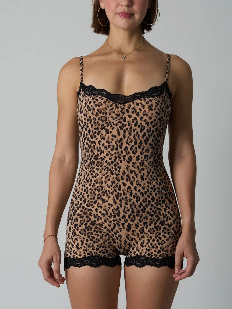 Custom LOGO women's European and American leopard print onesie lace suspender knitted boxer jumpsuit