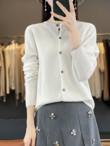 100% Merino Wool Sweater Women O-Neck Cardigan Basic Style  Buttoned Knitwear Female Casual Autumn Winter Soft Tops