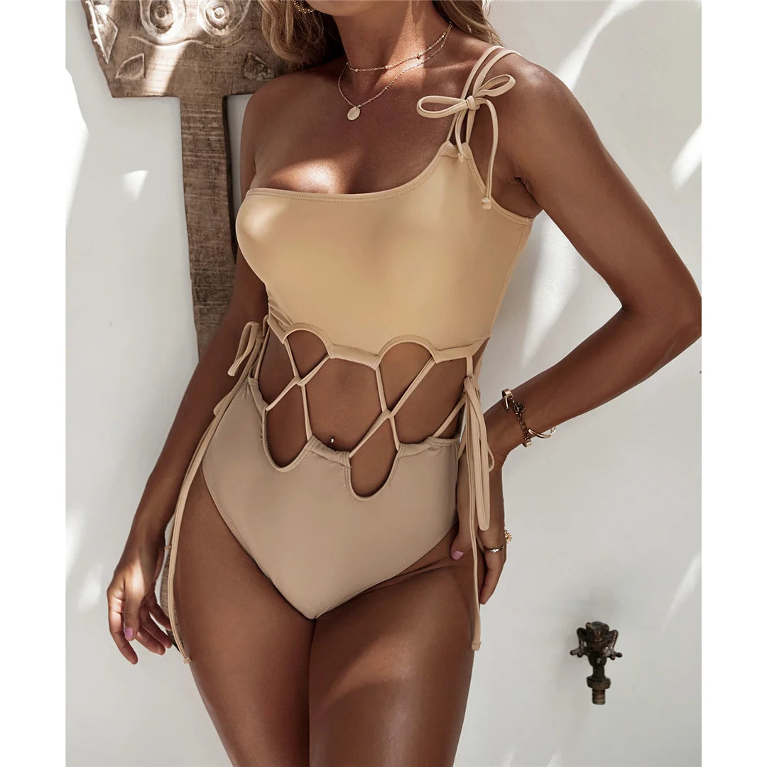 Wrap Around Cut Out One Shoulder Women Swimwear One Piece Swimsuit Female High Cut Padded Bather Bathing Suit Swim Lady V3395