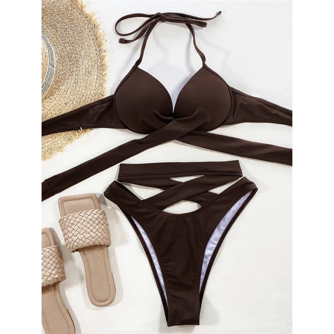 Sexy Wrap Around High Waist Bikini Female Swimsuit Women Swimwear Two-pieces Bikini set Bandage Bather Bathing Suit Swim V3115