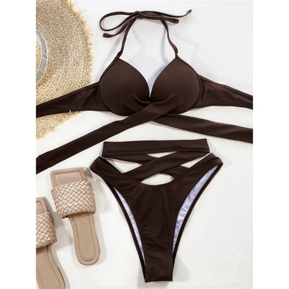 Sexy Wrap Around High Waist Bikini Female Swimsuit Women Swimwear Two-pieces Bikini set Bandage Bather Bathing Suit Swim V3115