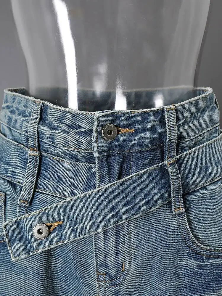 DEAT Fashion Cross Buckle Waist Baggy Jeans Women's High Waist Loose Fit Vintage Blue Denim Pants Sumemr New