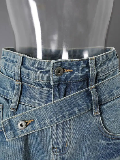 DEAT Fashion Cross Buckle Waist Baggy Jeans Women's High Waist Loose Fit Vintage Blue Denim Pants Sumemr New