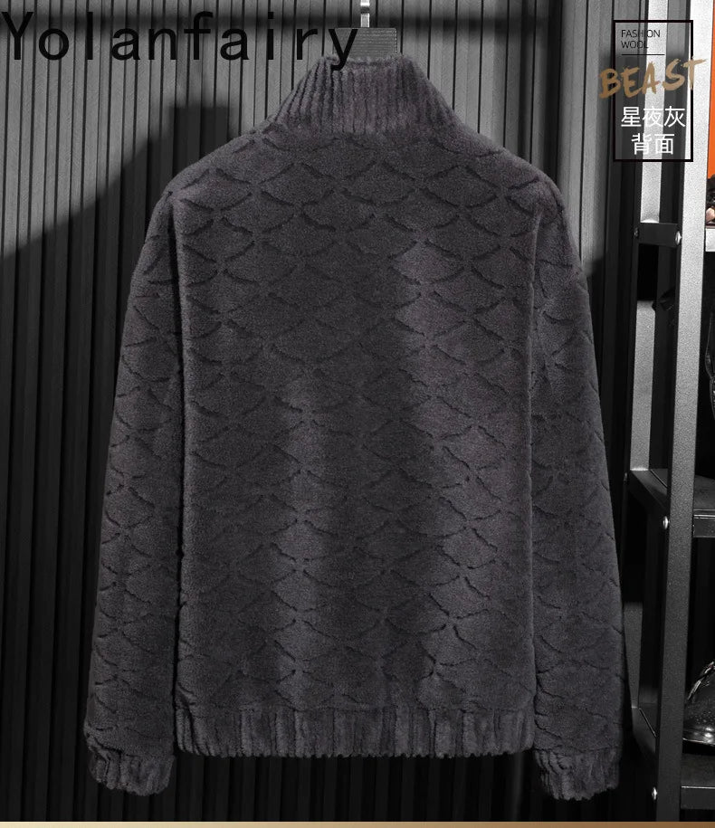 YOLANFAIRY Winter 100% Sheep Shearing Jacket Man Clothing Fashion Stand Collar Granular Lamb Fur Coat Men's Jackets chaqueta
