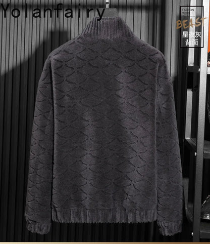 YOLANFAIRY Winter 100% Sheep Shearing Jacket Man Clothing Fashion Stand Collar Granular Lamb Fur Coat Men's Jackets chaqueta