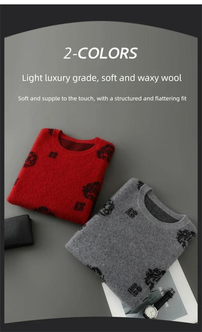 Men's 100% Pure Wool Sweater O-Neck Loose Pullover Autumn/Winter New Embroidery Business Casual Cashmere Tops Knit Bottom Shirt
