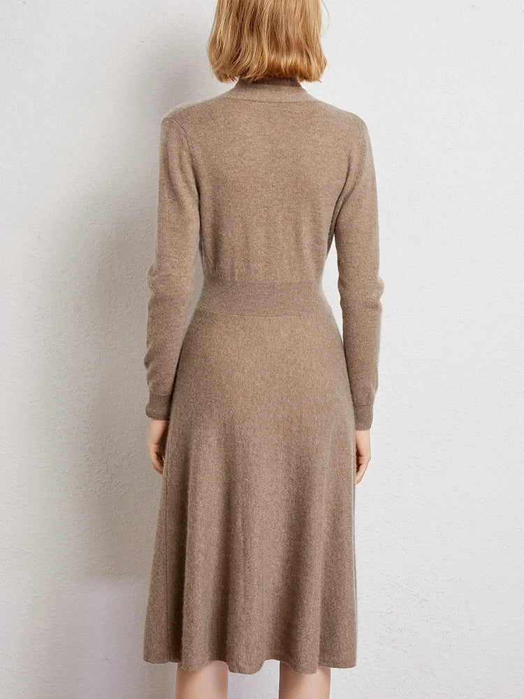 CHICUU Women 100% Cashmere Dresses V-neck Waist Cinching Dresses Autumn Winter Office Lady Grace Luxury Cashmere Knitwear