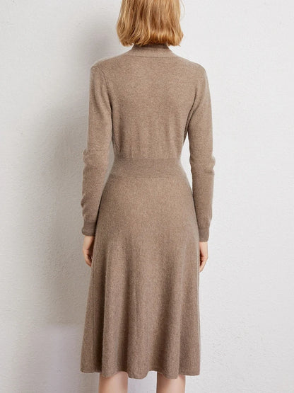 CHICUU Women 100% Cashmere Dresses V-neck Waist Cinching Dresses Autumn Winter Office Lady Grace Luxury Cashmere Knitwear