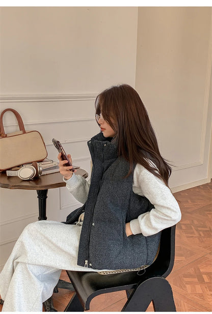 Short Down cotton Vest Women's 2025 Korean Fashion New Stand-up Sleeveless Zipper Student Vest Jacket Black Gray Waistcoat Tide