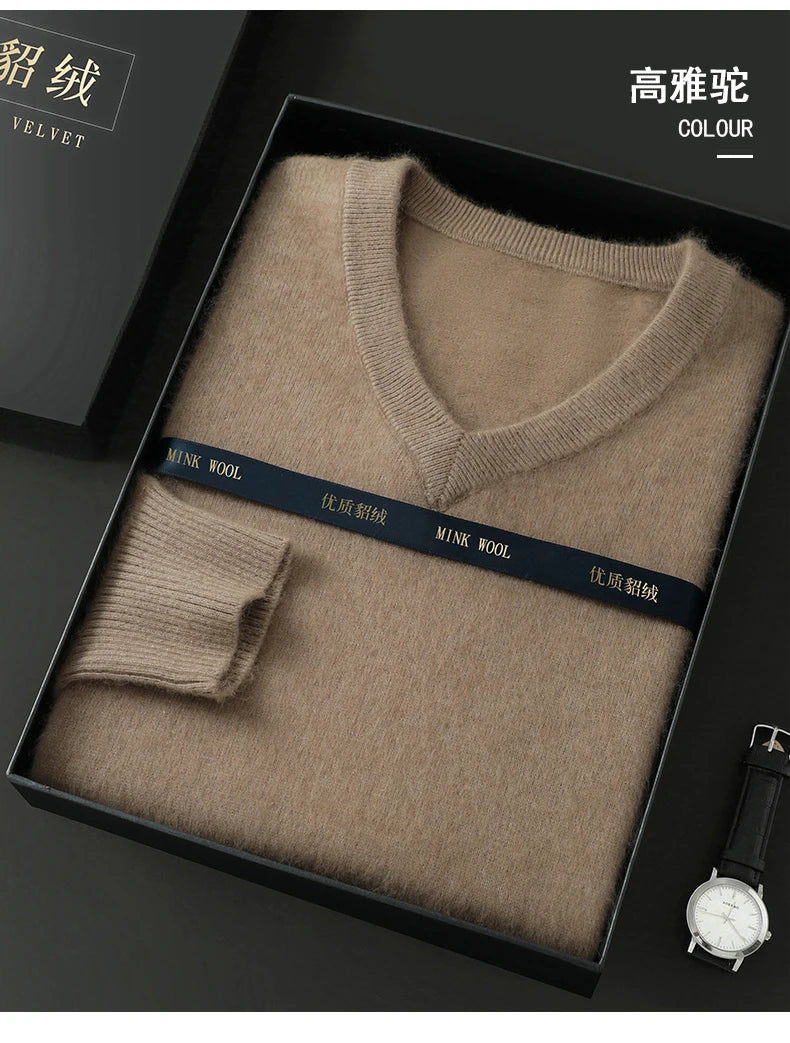 100% Pure Mink Cashmere Sweater Men's V-Neck Pullovers Knit Large Size Mink Sweater Winter New Long Sleeve High-End Jumpers Tops