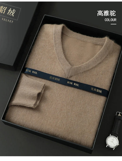 100% Pure Mink Cashmere Sweater Men's V-Neck Pullovers Knit Large Size Mink Sweater Winter New Long Sleeve High-End Jumpers Tops