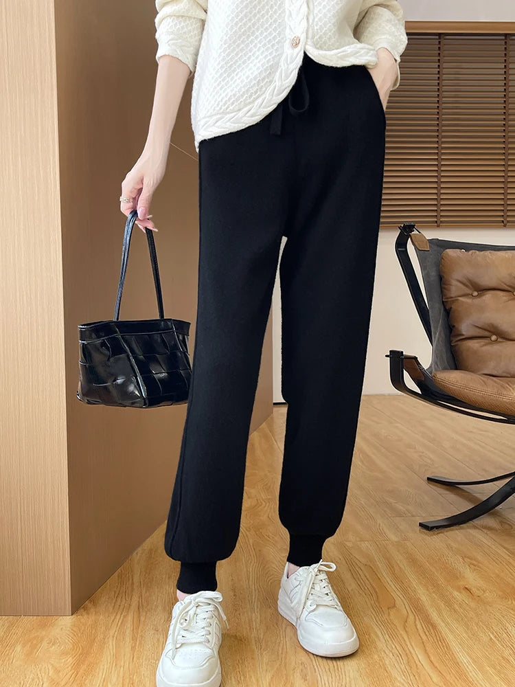 DjzDsm Women's Wool Pencil Pants Autumn Winter 100% Merino Wool Knitted Trousers Thick Soft Warm Pocket Casual Style Comfy Pants
