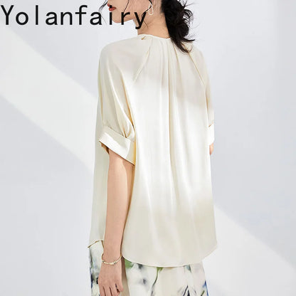YOLANFAIRY 100% Real Mulberry Silk T Shirts for Women Summer 2026 Short Sleeve Tops O-neck Elegant Blouse Woman Tee Shirt Femme