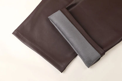 BIVIGAOS Fall Winter Fleece Loose Wide Leg Warm Leather Pants Women Button Pocket High Waist Thick PU Casual Straight Pants