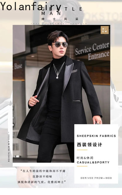 YOLANFAIRY 2025 Autumn Genuine Sheepskin Patchwork Wool Coat Man Clothing Men's Mid-length Suit Windbreaker Trendy Woolen Jacket