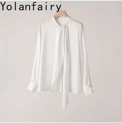 YOLANFAIRY 93% Real Mulberry Silk Shirts for Women Spring 2026 Elegant Solid Long Sleeve Shirt Woman Top Ribbon OL Blouses Trend