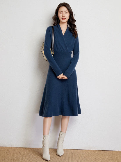 CHICUU Women 100% Cashmere Dresses V-neck Waist Cinching Dresses Autumn Winter Office Lady Grace Luxury Cashmere Knitwear