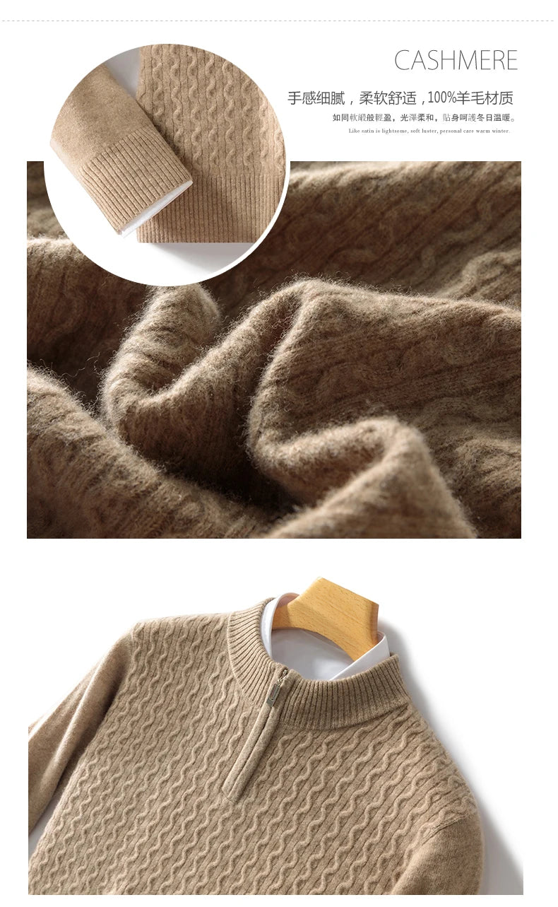 2024 Autumn Winter New Men's Half-High-Neck Thick 100% Pure Wool Sweater Long-Sleeved Business Warm Cashmere Bottoming Shirt Top