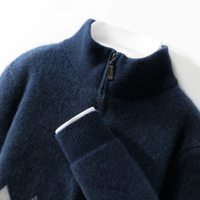 100% Merino Wool Half Zipper Mock Neck Knit Sweater Long Sleeves Loose Color-Blocked Pullover Cashmere Soft Warm Clothing Top