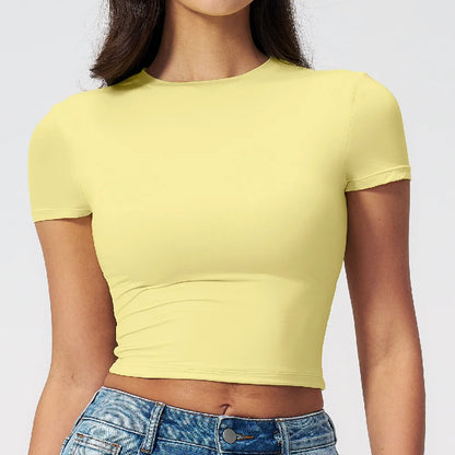 Women Solid Yoga Short Sleeve Breathable Sport T-Shirt Elastic Fitness Yoga Top Gym Shirts Female Casual Running Workout Clothes