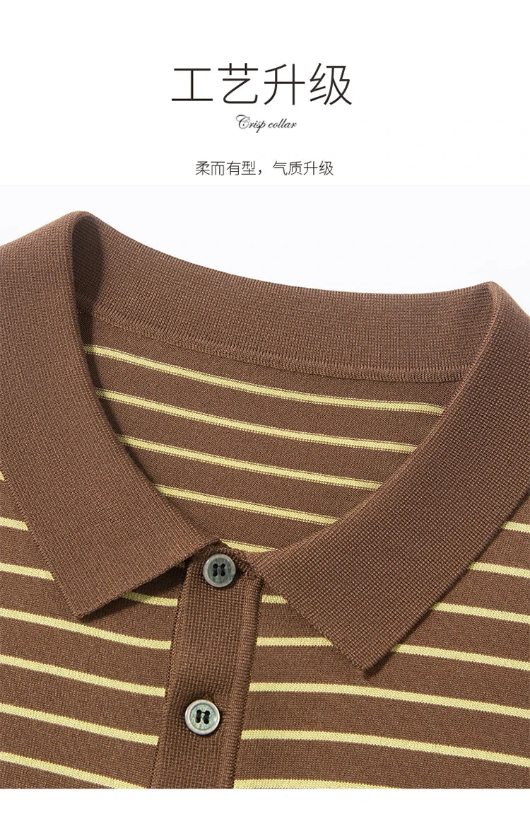Men's Lyocell shirt summer new casual striped short sleeved T-shirt Polo collar breathable comfortable knitted pullover