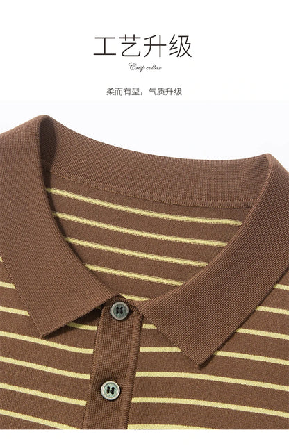Men's Lyocell shirt summer new casual striped short sleeved T-shirt Polo collar breathable comfortable knitted pullover
