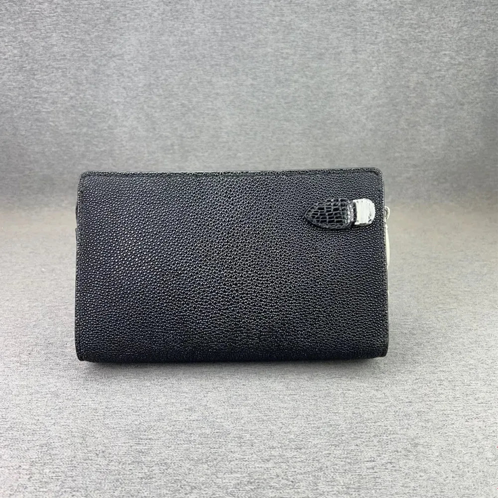 Authentic Sand Polish Stingray Skin Business Zip Lock Wristlet Clutch, Genuine Exotic Leather Black Card Purse for Men