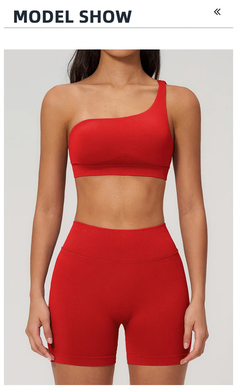 TRY TO BN Seamless Two Pieces Women's Tracksuit Yoga Shorts Set One-shoulder Hollow Backless Fitness Running Workout Gym Clothes