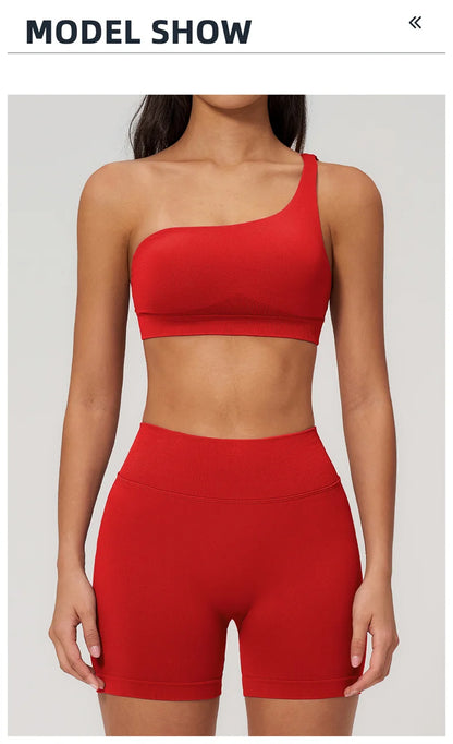 TRY TO BN Seamless Two Pieces Women's Tracksuit Yoga Shorts Set One-shoulder Hollow Backless Fitness Running Workout Gym Clothes