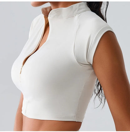 Zipper Sports Crop Top Women Short Sleeve Yoga Top Shirts Light Weight Gym Push Up Top Sports Shirt Running Workout Crop Tops