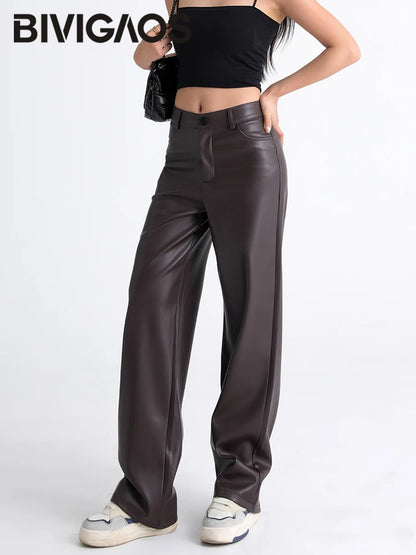 BIVIGAOS Fall Winter Fleece Loose Wide Leg Warm Leather Pants Women Button Pocket High Waist Thick PU Casual Straight Pants
