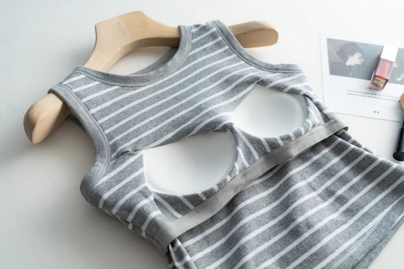 2026 Summer New Women's Tank Top Pajamas All Cotton with Chest Pads Tank Top with Stripe Sports Bottom Short Home Fur Ladies
