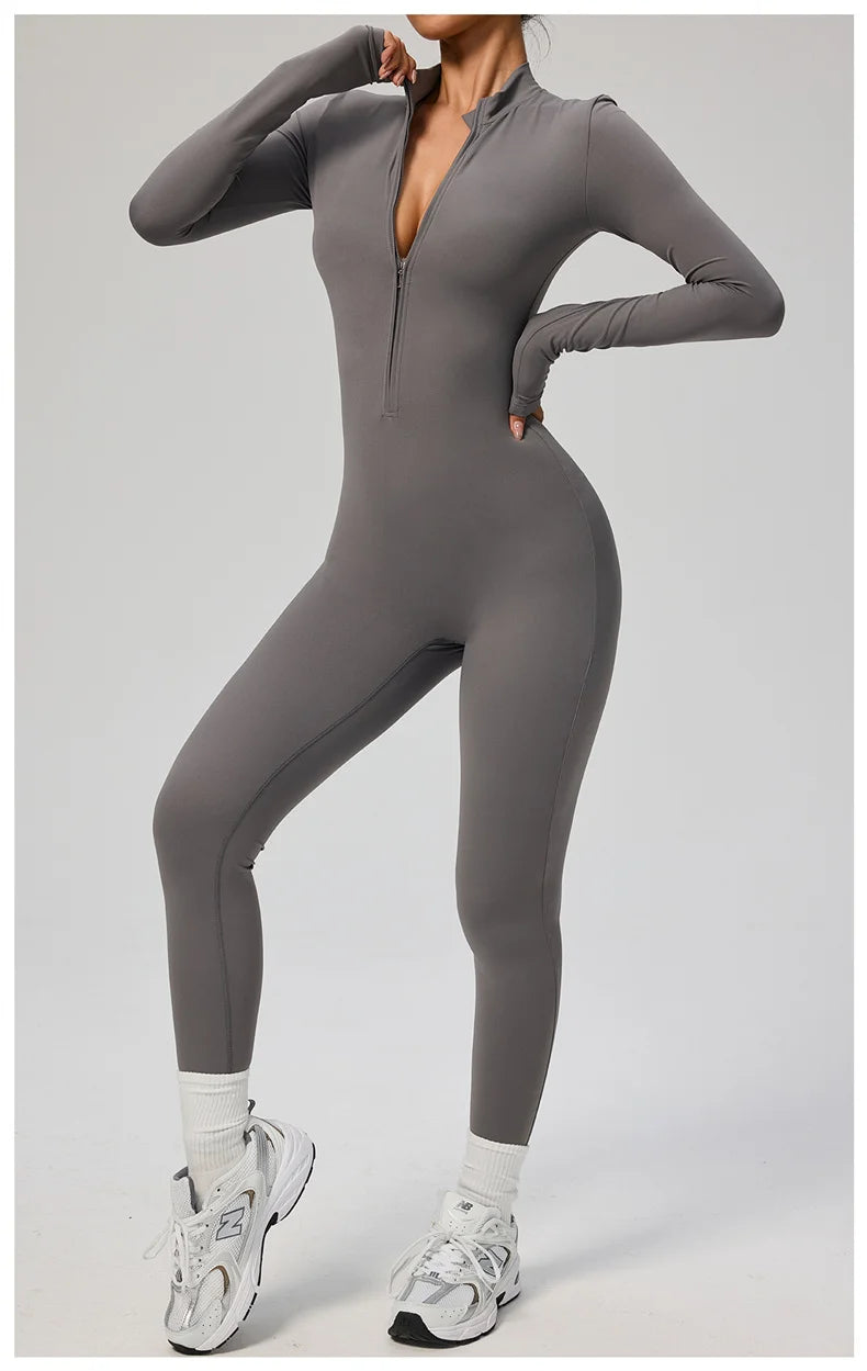 TRY TO BN Women's Jumpsuit Long Sleeve Zipper Shapewear Bodysuit Yoga Fitness One Piece Tights Gym Clothing Mono Deportivo Mujer