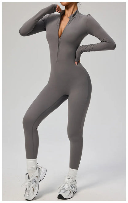 TRY TO BN Women's Jumpsuit Long Sleeve Zipper Shapewear Bodysuit Yoga Fitness One Piece Tights Gym Clothing Mono Deportivo Mujer
