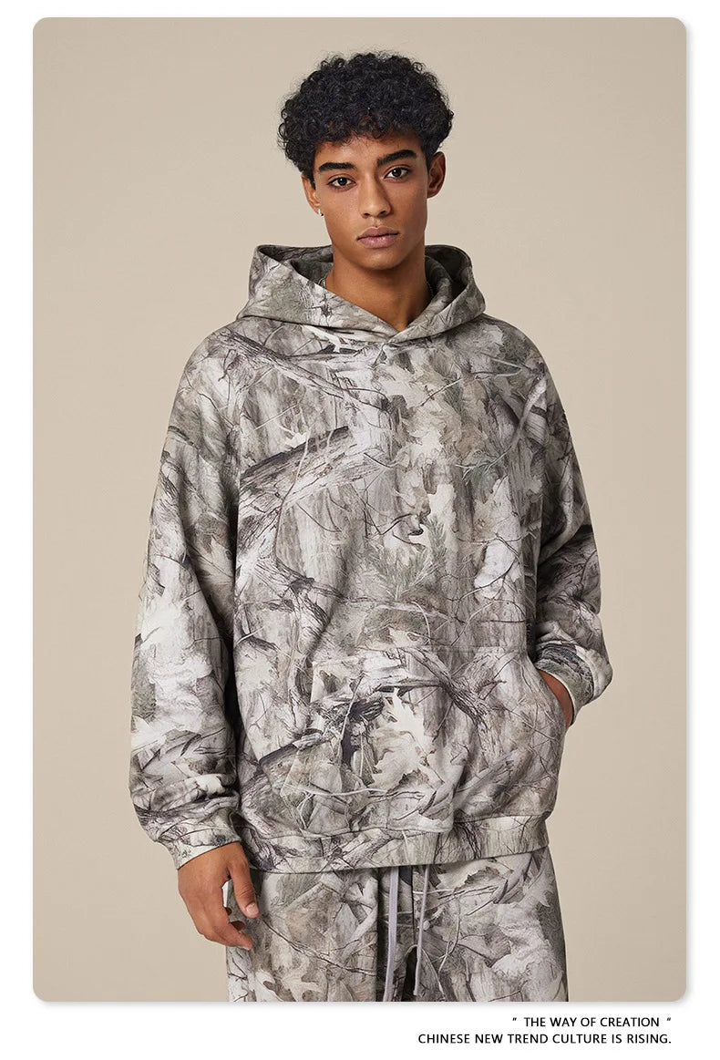 Custom LOGO men's new 340G heavy autumn and winter American camouflage fleece hooded sweatshirt jacket shorts set