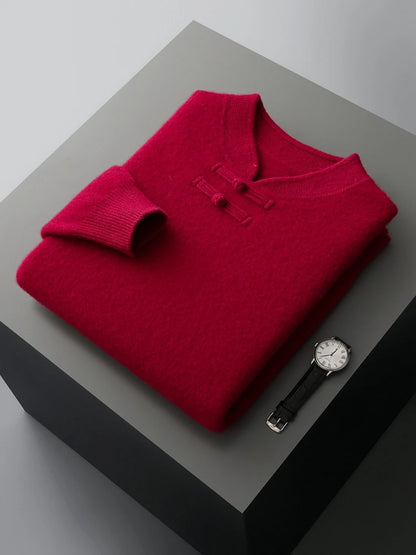 New Chinese Style Men's Pullover 100% Pure Wool Knit Sweater Autumn Winter Retro Stand Collar Long Sleeve Fashion Cashmere Tops