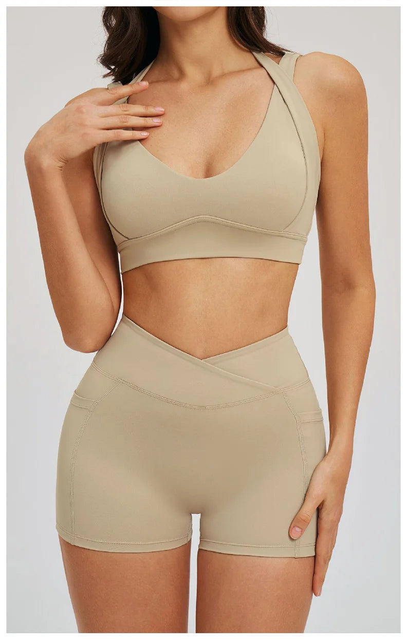 TRY TO BN Women's Tracksuit Shorts Sports Gym Set Halter Neck Fitness Cross Waisted Short Running Two Pieces Suits Yoga Clothing