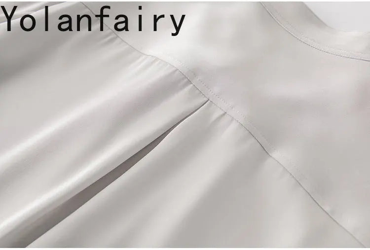 YOLANFAIRY 93% Real Mulberry Silk Shirts for Women Spring 2026 Elegant Solid Long Sleeve Shirt Woman Top Ribbon OL Blouses Trend