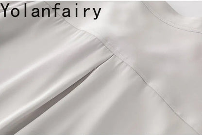 YOLANFAIRY 93% Real Mulberry Silk Shirts for Women Spring 2026 Elegant Solid Long Sleeve Shirt Woman Top Ribbon OL Blouses Trend