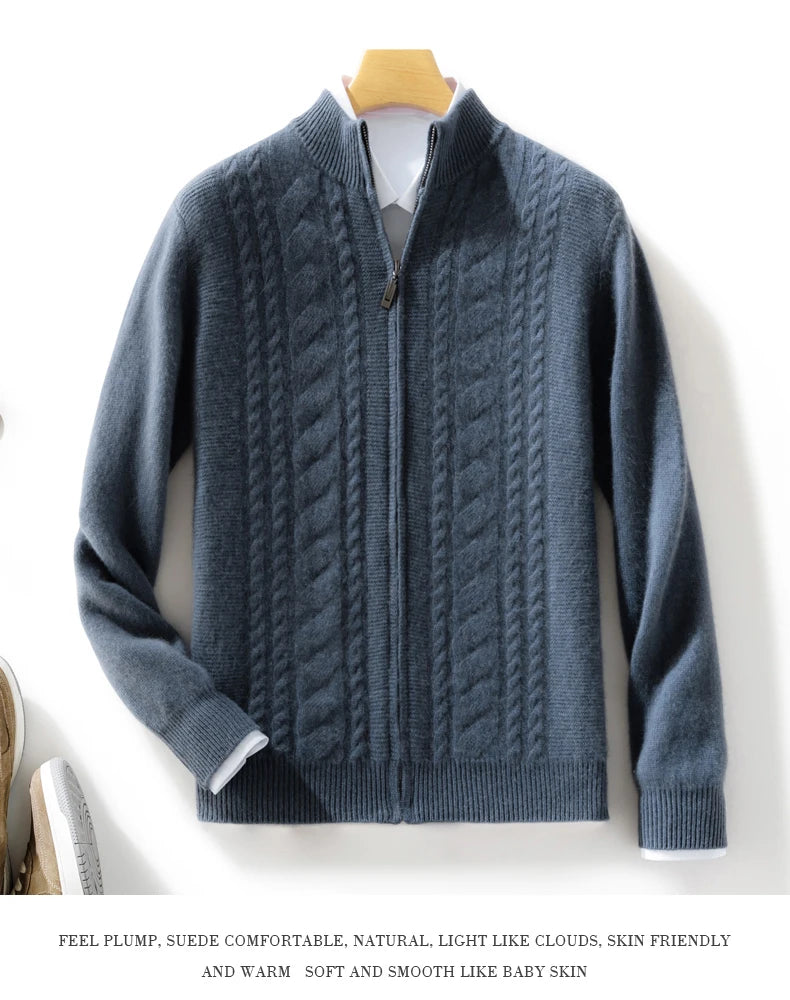 High Quality Men Mock Collar Twisted Cardigan Autumn Winter Thick Zipper 100% Merino Wool Sweater Casual Coat Cashmere Knitwear
