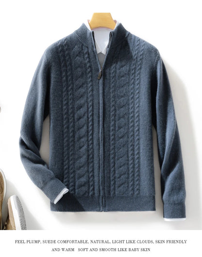 High Quality Men Mock Collar Twisted Cardigan Autumn Winter Thick Zipper 100% Merino Wool Sweater Casual Coat Cashmere Knitwear
