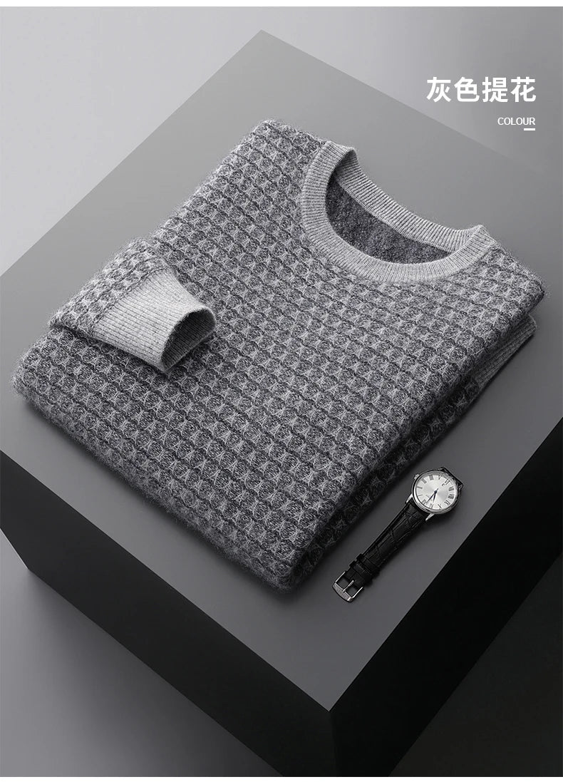 Men's Jacquard Striped 100% Pure Cashmere Pullover Sweater Autumn and Winter Thick base Sweater Casual Warm Clothing Men's Tops