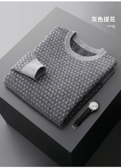 Men's Jacquard Striped 100% Pure Cashmere Pullover Sweater Autumn and Winter Thick base Sweater Casual Warm Clothing Men's Tops