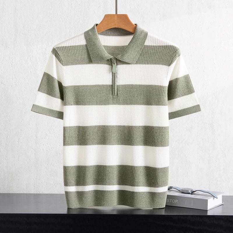 Men's 100% Lyocell POLO Collar Striped T-Shirt Knit Pullover Summer New Bussiness Casual Half-zip Short-sleeved Jumper Menswear