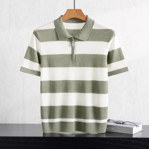 Men's 100% Lyocell POLO Collar Striped T-Shirt Knit Pullover Summer New Bussiness Casual Half-zip Short-sleeved Jumper Menswear