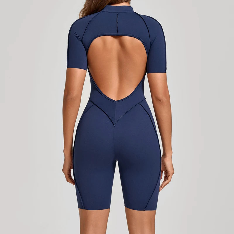 VITALINOVO Women Short Sleeve Workout Jumpsuit Backless Zip Up Romper Bottom Shorts Built-in Bra Bodysuit Bodycon Sexy One Piece