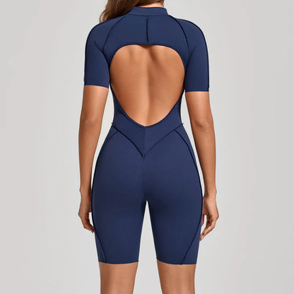 VITALINOVO Women Short Sleeve Workout Jumpsuit Backless Zip Up Romper Bottom Shorts Built-in Bra Bodysuit Bodycon Sexy One Piece