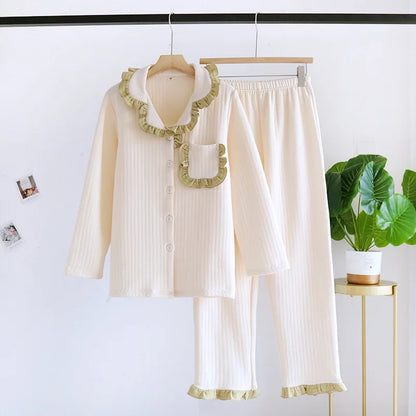 Autumn and winter new ladies pajamas set cotton air quilted long-sleeved trousers two-piece thickened cute homewear set women