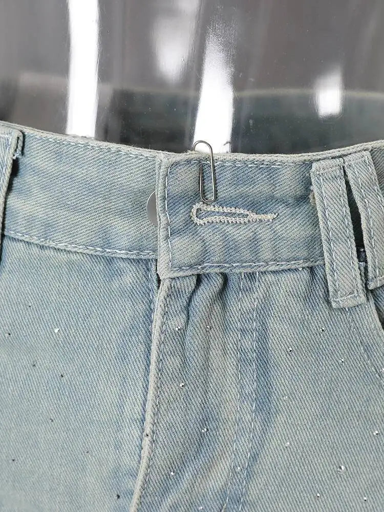 DEAT Fashion Star Rhinestone Denim Mini Skirt Women's High Waist Light Blue Gradient Wash Skirts Summer New
