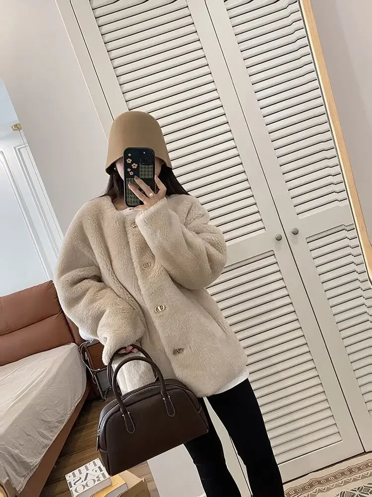 Lamb Fur Jacket for Women Pure Wool Fur Coats Particle Sheep Fleece Gold Buckle Composite Fur Integrated Women's Winter Coat FCY